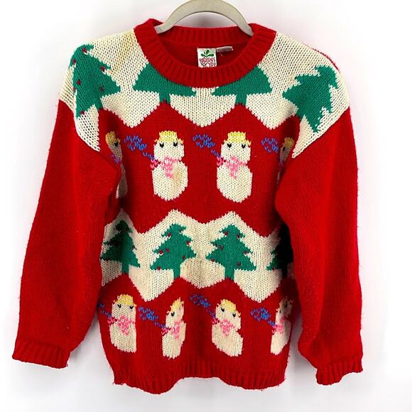 Vintage Sweaters - Vintage Radishes & Roses acrylic snowman Christmas tree knit crewneck sweater S